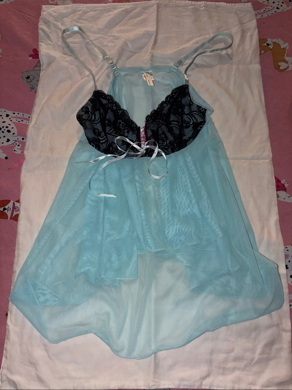 Sheer Light Blue Babydoll Nightgown with Black Lace Cups new medium